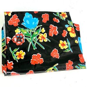 Vintage black floral oilcloth waterproof fabric yardage tablecloth